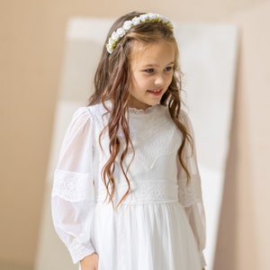 Diamond White off shoulder cap sleeve venice lace first Communion
dress