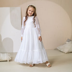 White Lace First Communion Dress with sleeves,  Holy Communion Dress and Headpiece, 1st holy communion dress, flower girl dress
