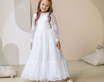 Weißes Spitzen Erstkommunion Kleid mit Ärmeln, Heilige Kommunion Kleid und Kopfschmuck, Erstkommunion Kleid, Blumenmädchen Kleid