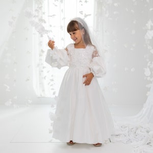 First Communion Dress Long Sleeve - Veil - Headband, Holy Communion Dress, Modern Lace 1st Communion Dress