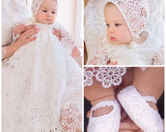 Stanning White Baptism Dress for Baby Girl, Bonnet,  Booties, Bib - Blanket, Christening Gown Girl, Lace Baptism Outfit Girl, Blessing Dress