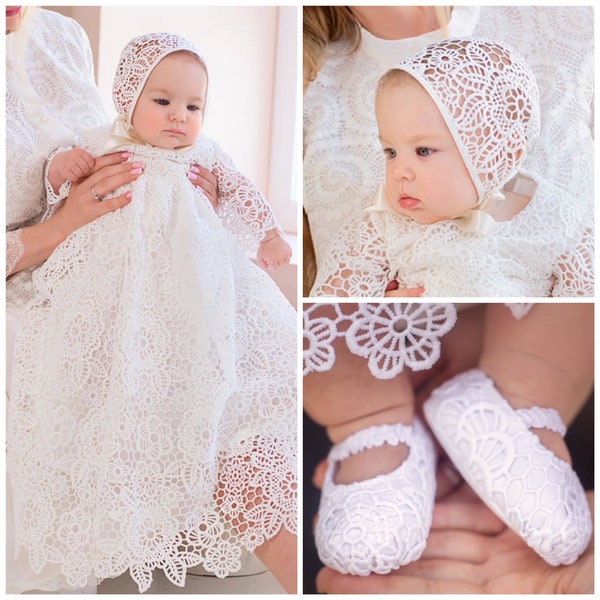Stanning White Baptism Dress for Baby Girl, Bonnet,  Booties, Bib - Blanket, Christening Gown Girl, Lace Baptism Outfit Girl, Blessing Dress