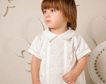 Toddler Boy Christening Outfit – White Cotton Lace Baptism Suit Set