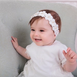 White Baptism Dress - Headband, Booties,Lace Christening Gown set, Baptism girl gift, Baby blessing dress, Tulle christening dress