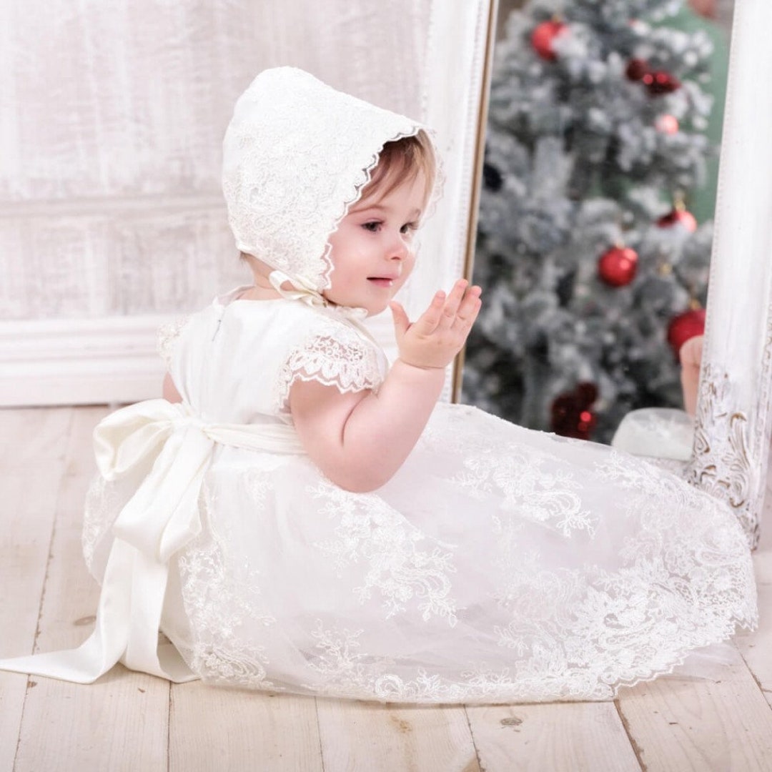 Ivory Baptism Dress Booties Lace Christening Dress Blessing Dress Christening Set Girl