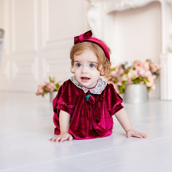 Ragazza di Natale, vestito in velluto rosso per neonati e fascia
