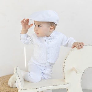 White Baptism Outfit for Baby Boy, Boys Blessing Outfit, Christening Suit Hat Booties, Baby Boy Christening Clothes, Boy Wedding Outfit immagine 1