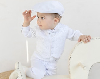 White Baptism Outfit for Baby Boy, Boys Blessing Outfit, Christening Suit - Hat - Booties, Baby Boy Christening Clothes, Boy Wedding Outfit