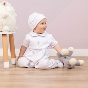 Boy Christening Outfit - Boys Baptism Outfit - Baby-Blessing Outfit - Blessing Outfit Baby Boy - White and Blue Trim Baptism Outfit Boy