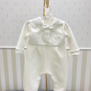 Pima Cotton Baby Boy Christening Outfit: Personalized Romper with Hat & Shoes