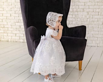 Baby Girl White Lace Baptism Dress with Bonnet
