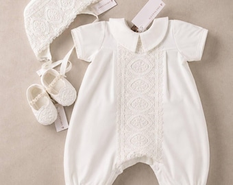 Baby Boy Baptism Romper Set – Italian Lace Christening Outfit with Hat, Booties