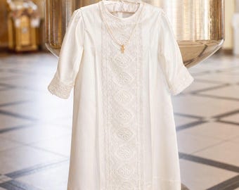 Heirloom Cotton Lace Christening Gown – White Unisex Baptism Dress, Catholic Blessing Robe