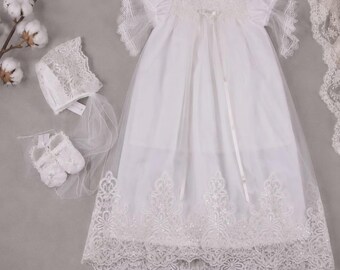Elegant Christening Gown with Train Personalized Baptism Dress Heirloom Ceremony Outfit Handmade
