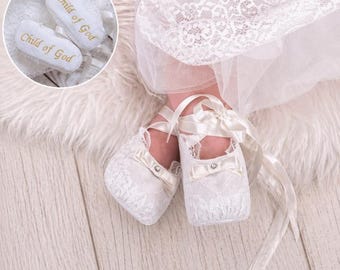 Personalized Lace Baptism Shoes – Baby Girl Christening Booties, Cotton, Satin Ribbon Ties