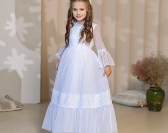 Prinses bloemenmeisje jurk en haarstukje, Junior bruidsmeisjesjurk, Eerste communie jurk, Peuter Kanten jurk voor meisjes