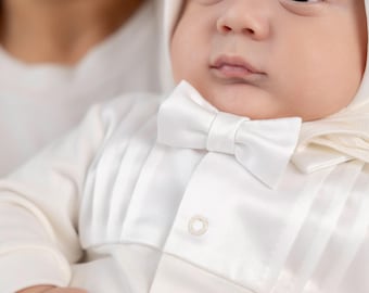 Baby Boy Christening Outfit: Romper & Bonnet Set