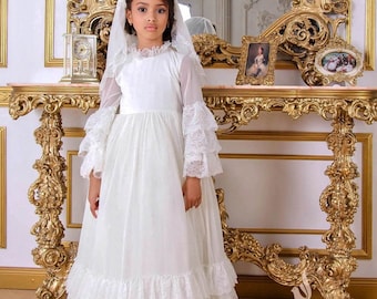 Catholic First Holy Communion Dress with Long Sleeves | 1st Holy Communion Gown and Veil | Lace First Holy Communion Dress with Sleeves