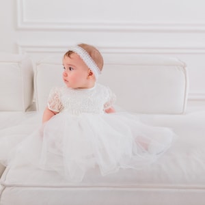 Baby Girl Lace Baptism Dress – Elegant White Christening Gown with Headbnd