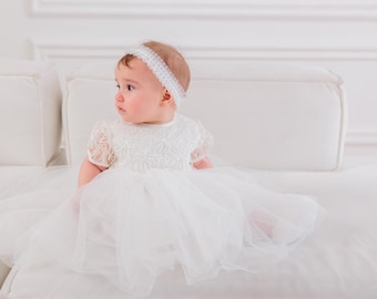 Baby Girl Lace Baptism Dress – Elegant White Christening Gown with Headbnd