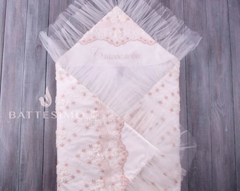 Personalized Lace Baptism Blanket: Christening Gift for Baby Girl