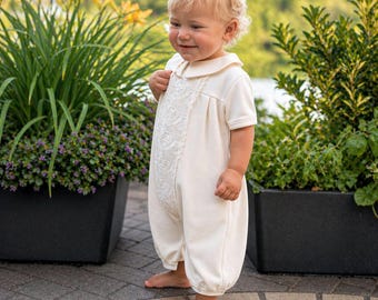Baby Boy Baptism Outfit, White Cotton Blessing Suit, Italian Lace Dedication Clothes
