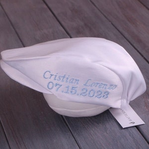 Boys Christening and Baptism Hat Personalized with Name and Date, Christening Gift Boy, Baptism Gift Boy, White Cotton Newsboy Cap