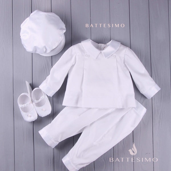 Tenue de baptême bébé garçon - Chaussons - Chapeau | Tenue de baptême garçon | Baptême Romper | Ensemble de baptême | Tenue de baptême bébé garçon en lin