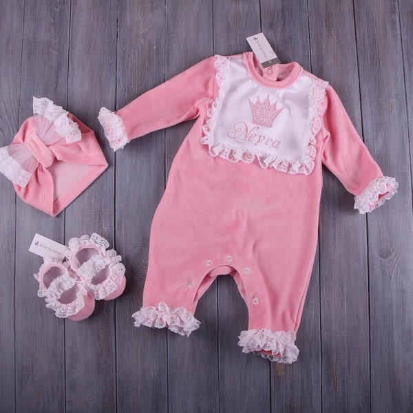 Baby girl coming home outfit, personalized baby shoes, ruffle footie pink, newborn picture outfit, baby girl clothing, baby shower gift