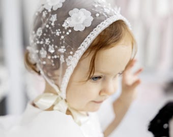 Baby Girl Lace Baptism Bonnet, White Heirloom Christening Hat