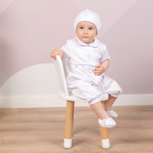 White Baptism Outfit Baby Boy - Christening Outfit Boy - Dedication Outfit - White w Blue Trim Outfit for Baby Boy -Short Baptism Outfit
