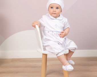 Baby Boy Baptism Outfit: White Christening Romper with Blue Trim