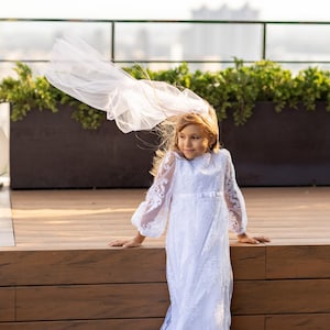 White Lace first communion dress catholic- Communion Veil First holy communion dress with long sleeve  kommunionkleid