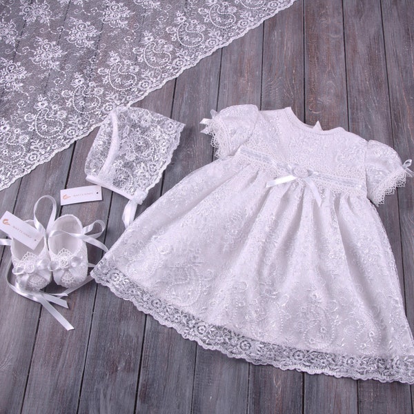Baptism Dress for Baby Girl - Bonnet - Booties - Bib - Blanket| Christening Gown Girl | Lace Baptism Outfit Girl | Blessing Dress