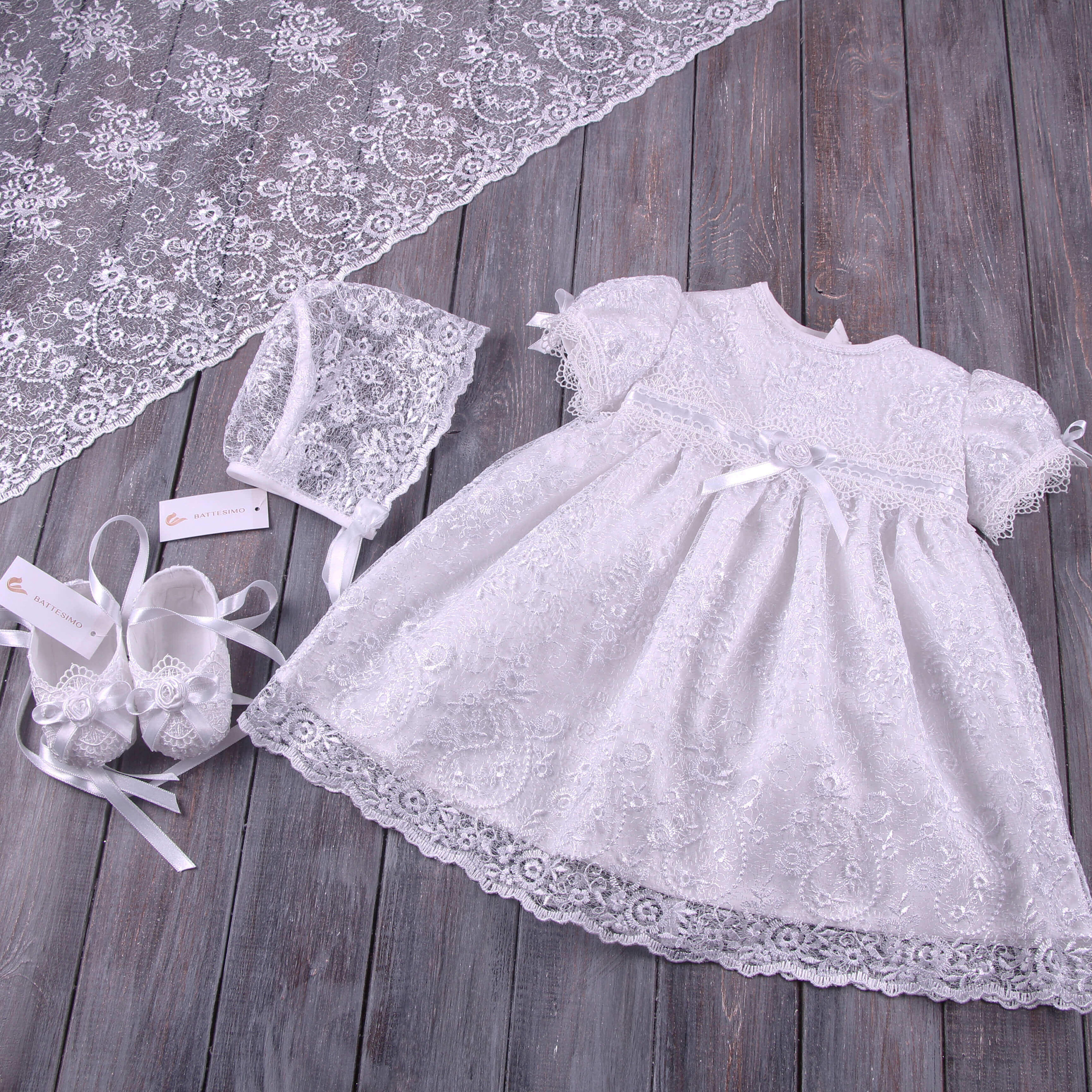 Taufkleid für Baby Mädchen - Mütze - Schühchen - Lätzchen - Decke| Taufkleid Mädchen | Spitze Tauf Outfit Mädchen | Segenskleid
