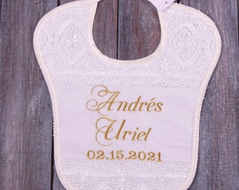 Personalized Embroidered Baptism Bib, Baby Boy Christening Lace Keepsake