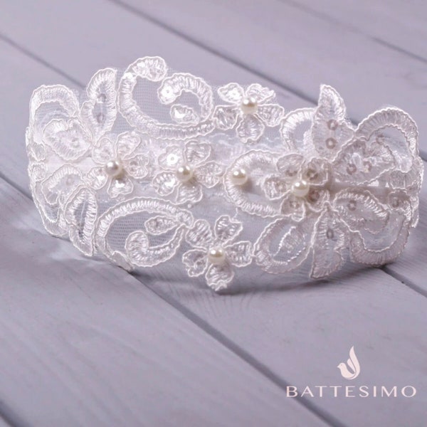 Bandeau bébé, bandeau de baptême en dentelle blanche ou ivoire, accessoires pour bébé, bandeau nouveau-né, accessoire photo bébé fille, accessoires nouveau-né, RTS, baptême