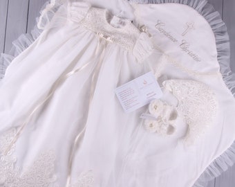 Christening Gown Set with Bonnet - Booties - Blanket | Blessing Gown Girl | Lace Baptism Gown Girl | Baptismal Gown Girl