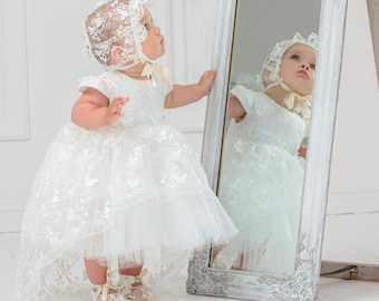 Baptism Dress for baby Girl - Bonnet - Shoes | Christening Gown Girl | Lace Baptism Outfit Girl | Blessing Dress | Christening Dress