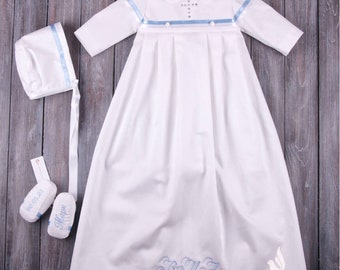 Christening Gown Boy, Personalized Baptism Gown, boy christening outfit, Handmade Baptism Gown, Heirloom Christening gown - Hat - Booties