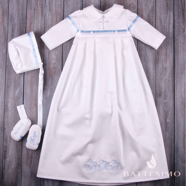Christening Gown Boy, Personalized Baptism Gown, boy christening outfit, Handmade Baptism Gown, Heirloom Christening gown - Hat - Booties