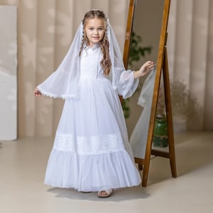 Stylish Lace First Communion Dress with Veil, Long Classy Holy Communion Dress