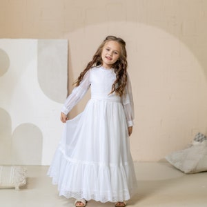 Traditional Catholic First Communion Dress with sleeves and Veil, holy communion gown, lace communion dress, flower girl communion dress