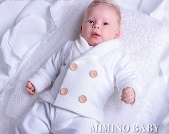 Doopoutfit babyjongen van biologisch katoen: warm dooppak met muts en slofjes