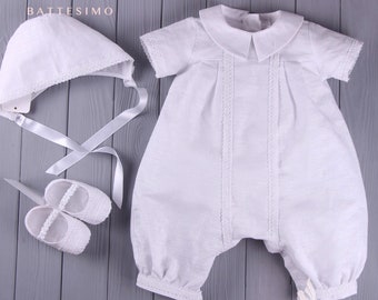 Linen Baptism Outfit - Hat - Booties, Linen Jumpsuit, Baptism Clothes, Baby Boy Clothes, 1-th Birthday Boy, White Baby Jumper