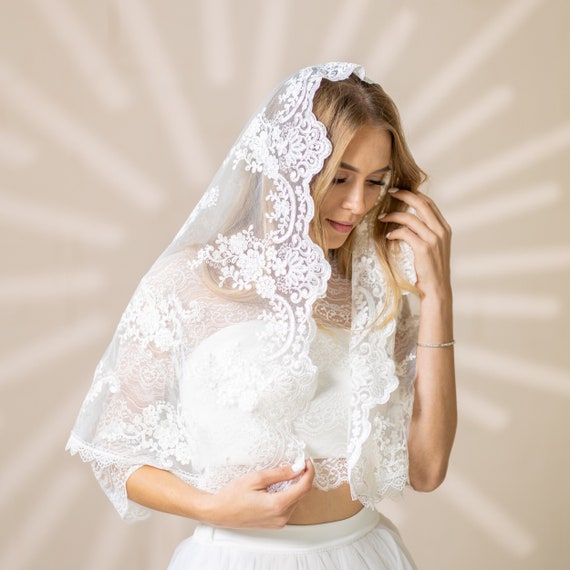 Lace Mantilla Veil, Cathedral Wedding Veil, French Lace Bridal Veil, Church Veil, Catholic Veil, Ivory Lace Mantilla