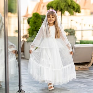 Vestido de Primeira Comunhão para Meninas, Véu de Comunhão - Vintage - Católico - Vestido de Comunhão de Manga Longa - Vestido e Véu de Renda para Sagrada Comunhão