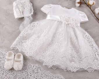 White Lace Christening Gown – Heirloom Baptism Dress for Baby Girl