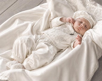 White Cotton Christening Outfit Set – Baby Boy Baptism Suit with Hat, Booties