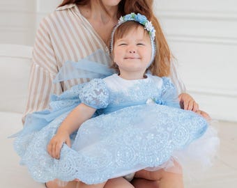 First Birthday Dress with Italian Lace – Baby Girl Princess Outfit with Headband & Shoes, Handmade